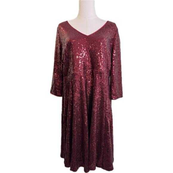 Torrid V-neck 3/4 Sleeve Burgundy Sequin Flared Dress - Size 00 (Medium 8-10) - Picture 1 of 10